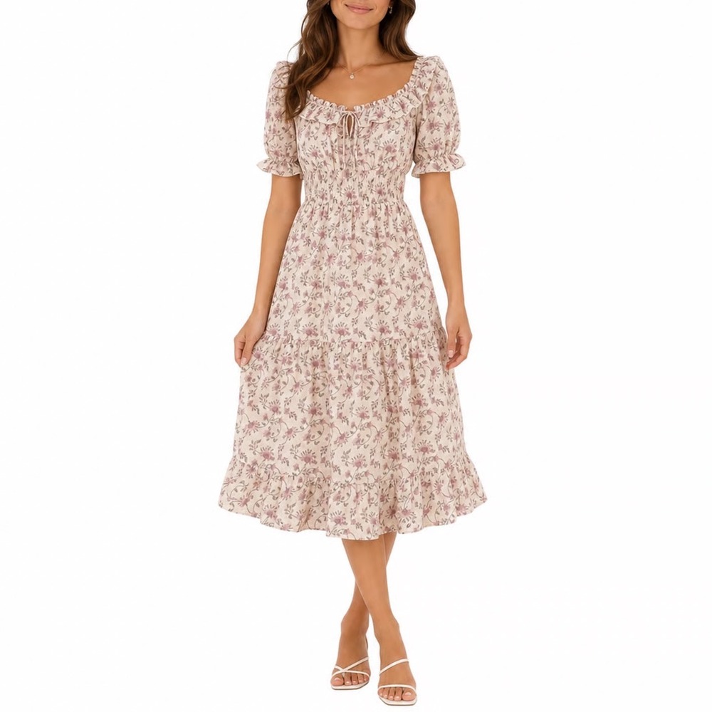 Trixxi Los Angeles Floral Smocked Midi Dress Cream Pink XS Peasant